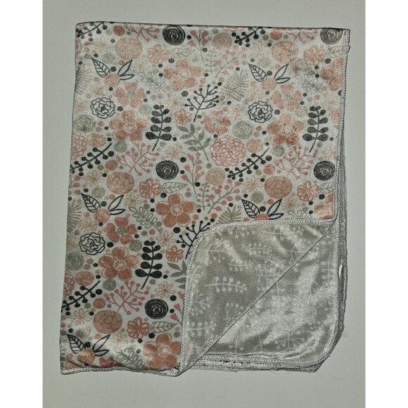RN 119741 Pink Gray Flowers Leaves Fleece Baby Blanket Reversible Lovey SL Home
